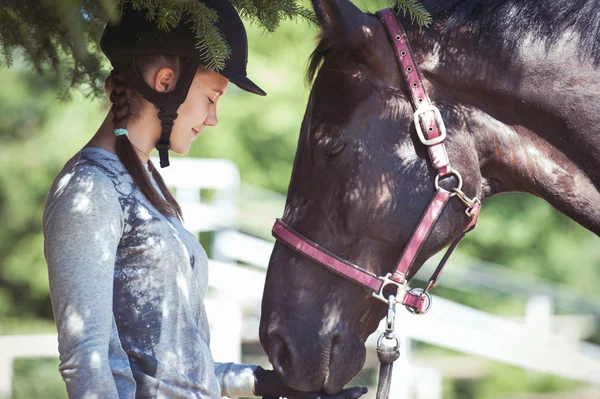 Kastanje paard touchs haar jonge eigenaar Palm met neus — Stockfoto