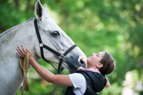 Funny gray horse reaching for kiss from girl-coach — Stock Photo, Image