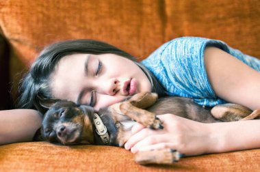 Tatlı rüyalar. Genç bir kız uyuyor ve sevimli kahverengi oyuncak köpeğine bir otobüste sarılıyor. Çok renkli, yatay, iç mekan görüntüsü.