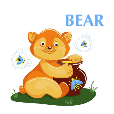 Educational flashcard bear eating the honey and flying bee clipart