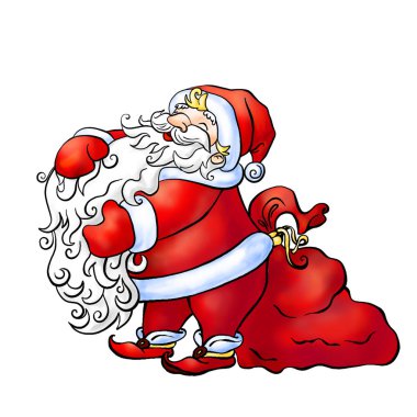 Bir neşeli ve mutlu Noel Baba Ded tüylü uzun sakalını büyük kırmızı çanta hediyeler tam okşayarak Moroz. Derma Gösterim amacıyla kayıt işleri tebrik kartları, reklam ve