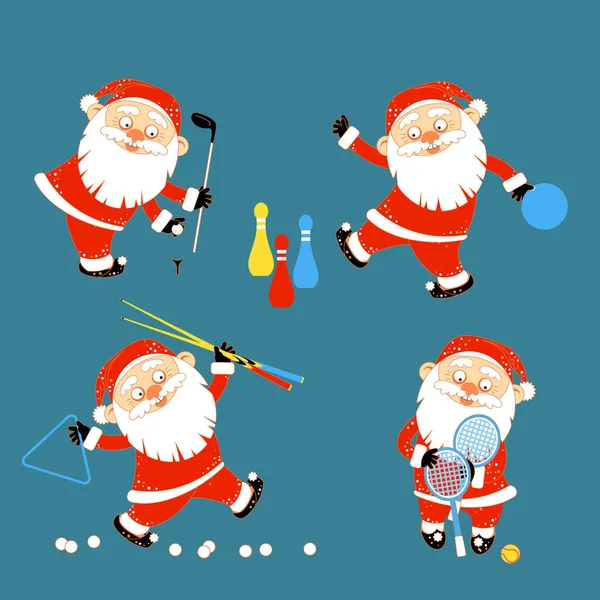 Set of Santa Claus playing sports games — Stock Vector