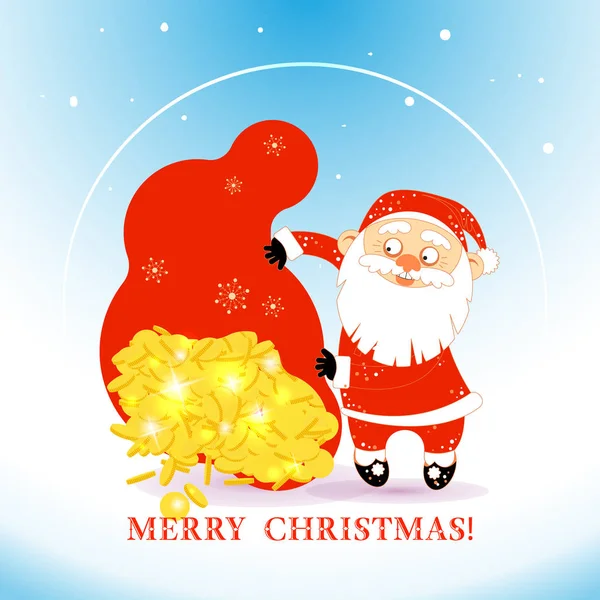 Christmas Santa Claus innehar en enorma pengar väska som utgjuta mynt — Stock vektor