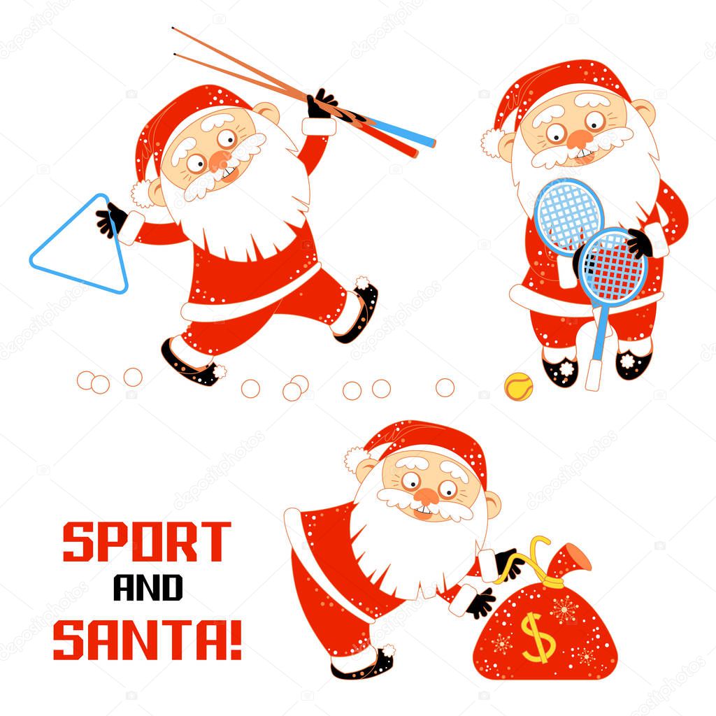 Set of Santa Claus playing sports games