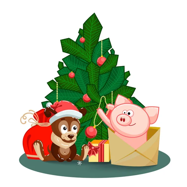 Un cachorro, una bolsa, regalos y cerdo saltando de un sobre para decorar las ramas de abeto frente al árbol de navidad . — Vector de stock