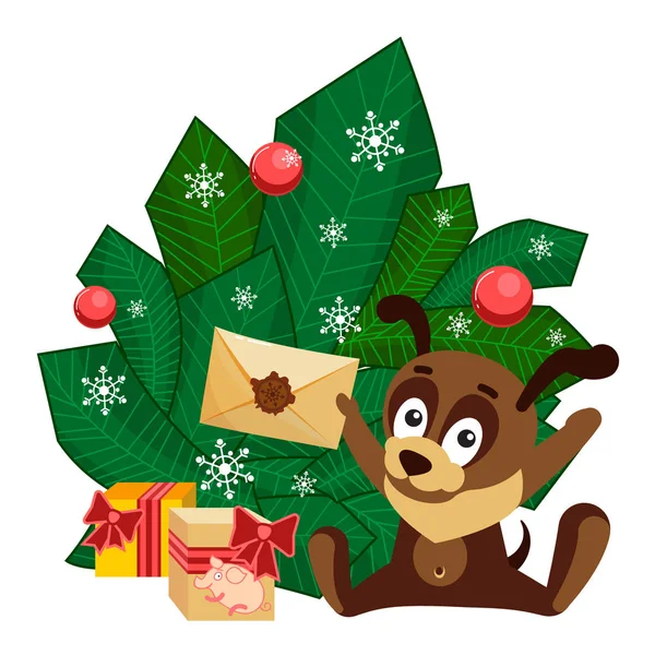 Tarjeta de Navidad con un perro sentado frente a las ramas con bolas decoradas y sosteniendo un sobre de Santa Claus — Archivo Imágenes Vectoriales
