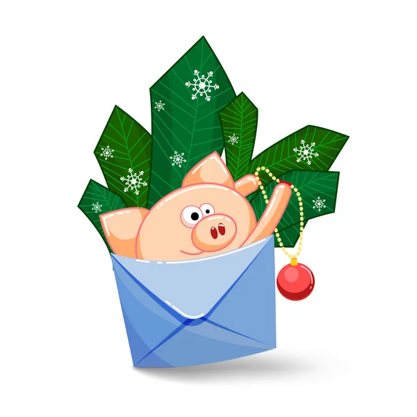 Een grappig varken springen uit een envelop voor het decoreren van de spar-takken. — Stockvector
