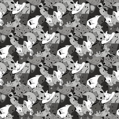 Gri tonlama arka plan ile fantastik yaratıklar.