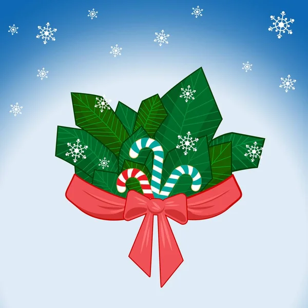 Ramo a strisce invernali con fiocco e nastro, caramelle dolci e fiocchi di neve su fondo blu con effetto luce — Vettoriale Stock