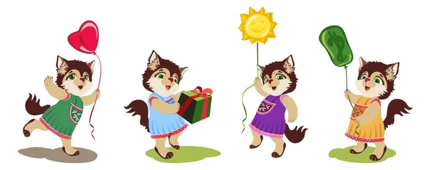 Pequeño gato con los globos y la caja — Vector de stock