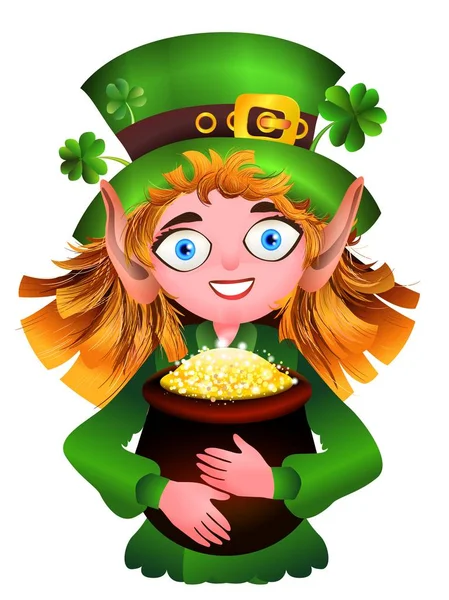 Leprechaun with a pot of gold and clover — Stock Vector