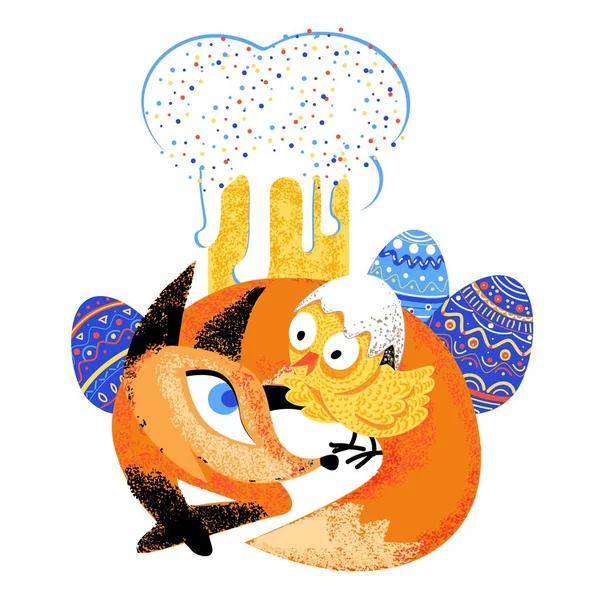 Ilustracja na białym tle Wielkanoc Red fox i kurczaka — Wektor stockowy