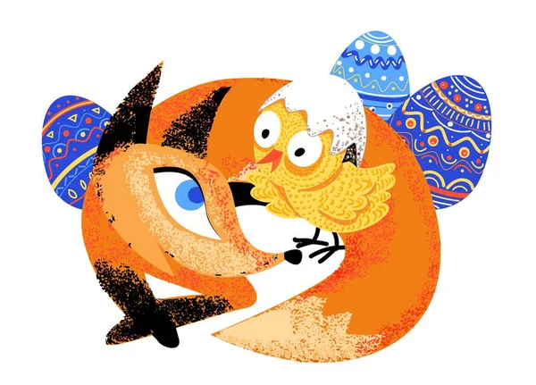 Ilustracja na białym tle Wielkanoc Red fox i kurczaka — Wektor stockowy