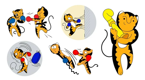 Ensemble d'illustrations vectorielles de dessins animés d'un jeune artiste martial cub tigre mignon . — Image vectorielle