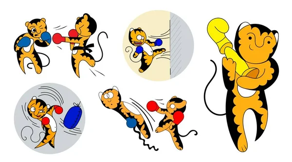 Set di illustrazioni dei cartoni animati vettoriali di un simpatico giovane tigre cucciolo artista marziale . Illustrazione Stock
