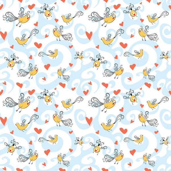 Vector seamless pattern with birds and hearts. — Stock Vector