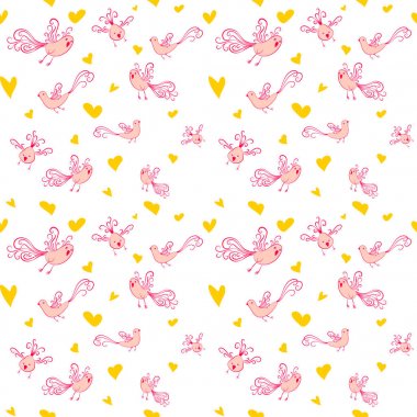 Kuşlar ve kalpler ile vektör sorunsuz desen.