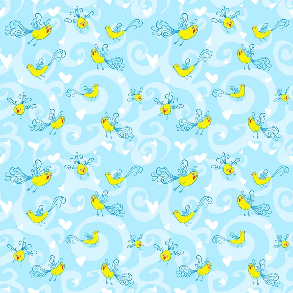 Vector seamless pattern with birds and hearts. — Stock Vector