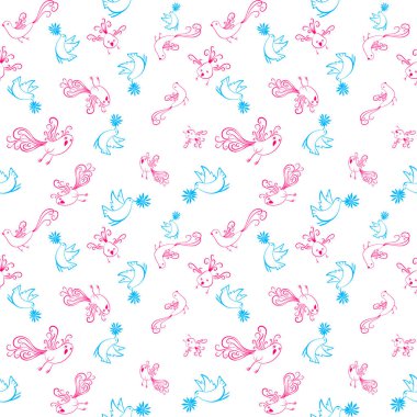 Kuşlar ve çiçeklerle kusursuz bir desen.