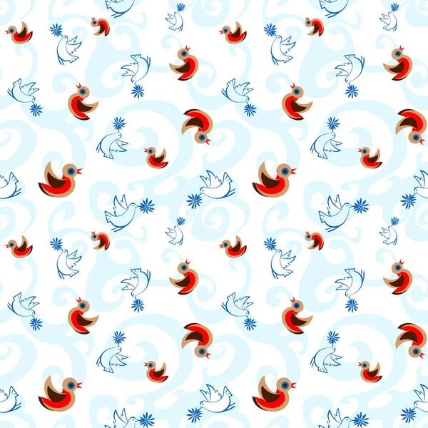 Vector seamless pattern with birds and flowers. — Stock Vector
