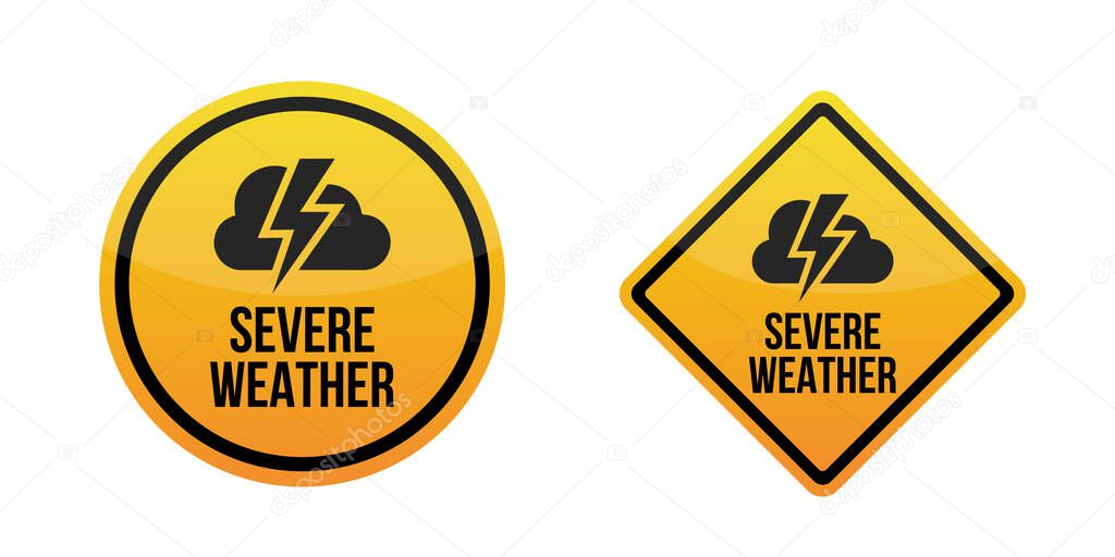 Storm weather alert. Warning signs labels. Yellow and red. Isolated on white background. EPS10