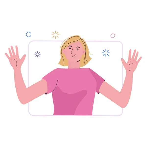 The girl in the window. Online chat. Social networks. A blonde woman greets and waves a hands. Flat cartoon illustration — Stock Vector