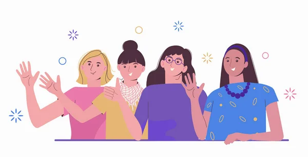 Bir Grup Mutlu Genç Sarılıyor Kadınlarla Tanışmak Dostluk Işbirliği Takım — Stok Vektör