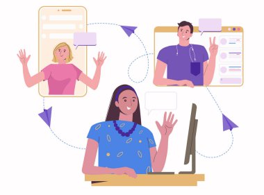 İnternette çalış ve sohbet et. İş arkadaşları ve arkadaşları evden uzakta çalışıyor. Video konferansı. Beyaz arkaplanda izole edilmiş kavramsal düz çizgi film çizimi.