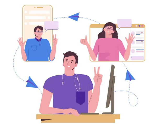 Travailler Discuter Ligne Les Collègues Les Amis Travaillent Distance Maison — Image vectorielle