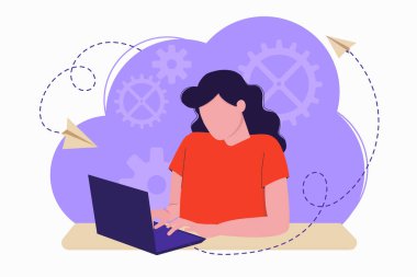 Freelance or studying concept. Girl with laptop sitting on the table and works with laptop. Vector illustration in flat style.