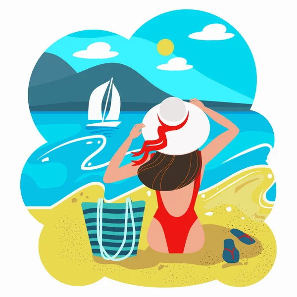 Silueta de chica romántica en traje de baño rojo y sombrero sentado en la playa y mirando al mar. Vacaciones de verano o vacaciones de lujo. Vector — Vector de stock