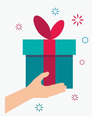 İnsan eli ve hediye kutusu. İnternet afişleri ve siteleri için bonus ya da sürpriz konsept alıyor. Vektör illüstrasyonu