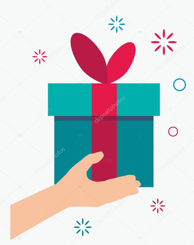 Human hand and gift box. Receives bonus or surprise concept for web banners and sites. Vector illustration