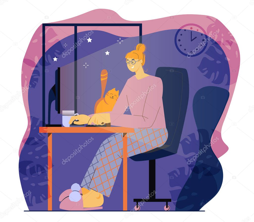 Freelancer working at night concept. A woman works until night at her desk at home. Flat design vector illustration.