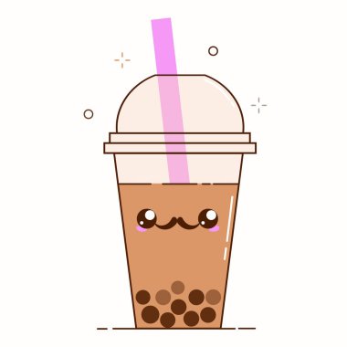 Lezzetli tapyoka siyah incileri olan kahverengi sütlü çay reklamları. Şirin köpüklü çay Kawaii karakterine gülümsedi. Tayvanlı ünlü ve popüler içecek Boba. Çizgi film düz vektör simgesi.