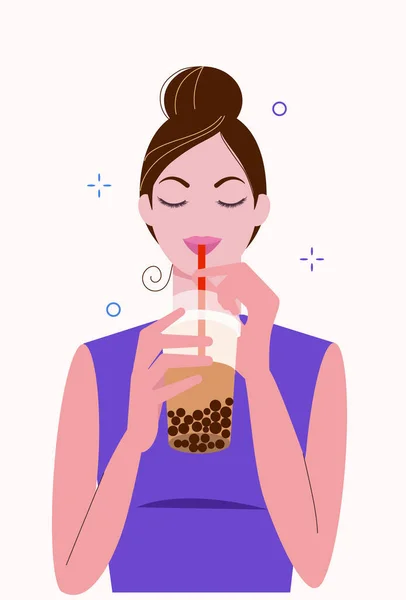 Giovane donna beve tè al latte bollente. Taiwanese popolare e famosa bevanda Boba con tapioca perle nere. Illustrazione vettoriale piatta del fumetto. — Vettoriale Stock