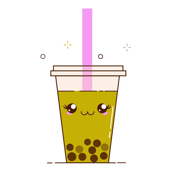Grüne Blasenmilchtee-Werbung mit köstlichen Tapioka-Perlen. Niedliche Bubble Tea Kawaii lächelte Charakter. Taiwanesisches berühmtes und beliebtes Getränk Boba. Cartoon flache Vektorsymbole. — Stockvektor