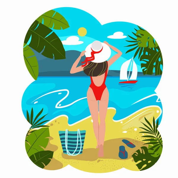 Silhouette di ragazza romantica in costume da bagno rosso e cappello in piedi sulla spiaggia e guardando il mare. Vacanze estive o vacanze di lusso. Vettore — Vettoriale Stock