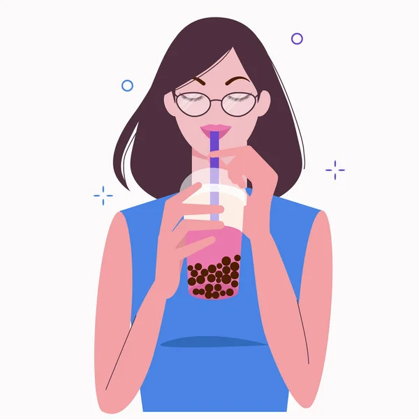 Young woman drinks pink bubble milk tea. Taiwanese popular and famous drink Boba with tapioca black pearls. Cartoon flat vector illustration. — Stock Vector