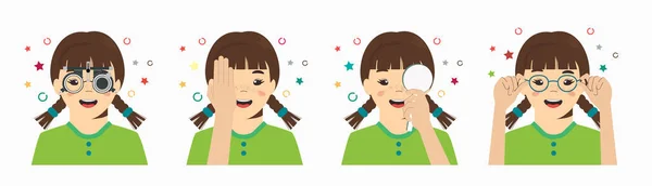 Chequeo de la visión femenina en clínica oftalmológica. Optometrista revisando la vista del niño con equipos médicos de anteojos. Listos. Selección de lentes de gafas. Ilustración plana personaje de dibujos animados — Vector de stock