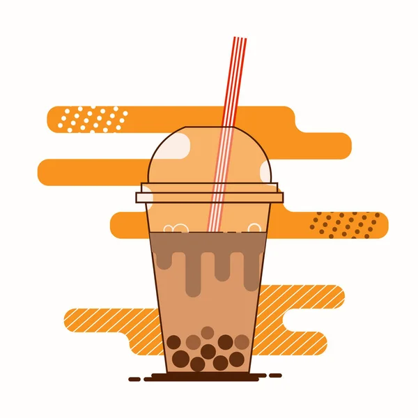 Anuncios de té de leche de burbuja marrón con deliciosas perlas negras de tapioca. Lindo té de burbujas kawaii sonrió carácter. Bebida taiwanesa famosa y popular Boba. Icono de vector plano de dibujos animados . — Vector de stock