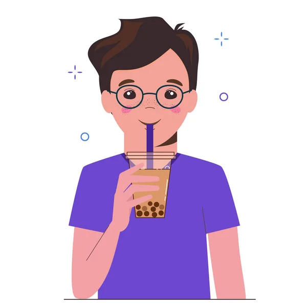 Junger Mann trinkt Bubble Milch Tea oder Perlmilchtee. Taiwanesisches berühmtes und beliebtes Getränk mit Tapioka-Perlen. Flache Cartoon-Illustration auf weißem Hintergrund. — Stockvektor