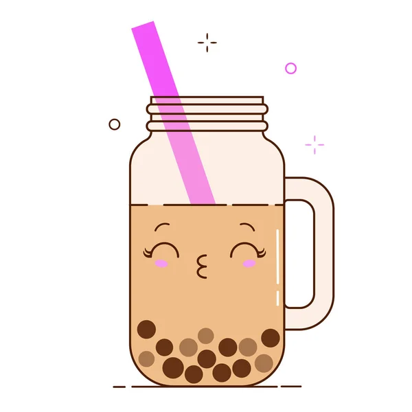 Brown bolha leite chá anúncios com deliciosas pérolas pretas tapioca. Bonito chá bolha kawaii caráter sorriu. Taiwanês famoso e popular bebida Boba. Ícone vetorial plano dos desenhos animados . — Vetor de Stock