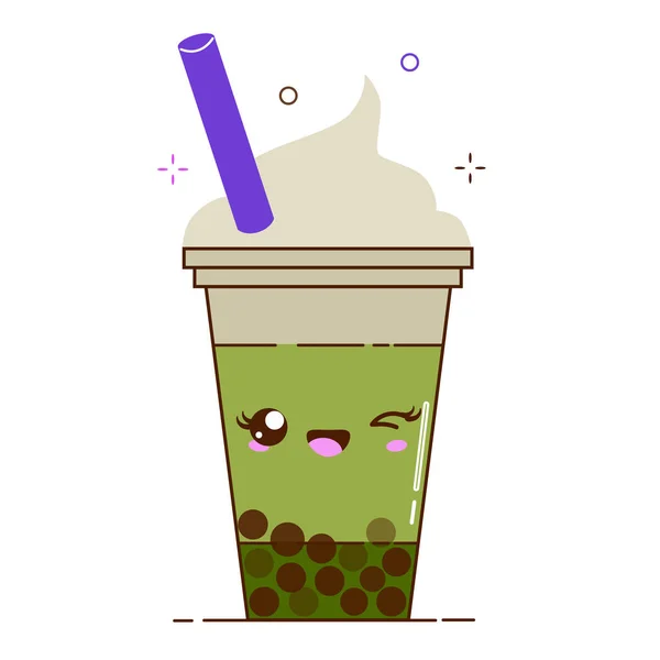 Grüne Blasenmilchtee-Werbung mit köstlichen Tapioka-Perlen. Niedliche Bubble Tea Kawaii lächelte Charakter. Taiwanesisches berühmtes und beliebtes Getränk Boba. Cartoon flache Vektorsymbole. — Stockvektor