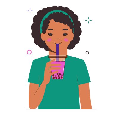 Genç kız sütlü çay ya da inci sütlü çay içer. Tayvan 'ın ünlü ve popüler içkisi tapyoka siyah incileriyle birlikte. Beyaz arkaplanda düz çizgi film çizimi.