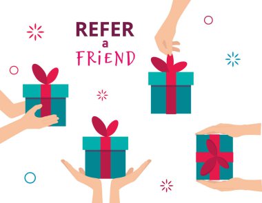 Refer a Friend. Referral marketing concept. Illustration of two people hands and gift box. Vector flat illustration