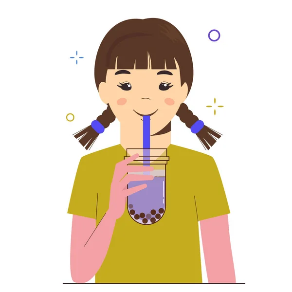 Menina bebe chá de leite de bolha ou chá de leite de pérola. Taiwanês bebida famosa e popular com pérolas pretas tapioca. Desenhos animados plana ilustração no fundo branco . — Vetor de Stock