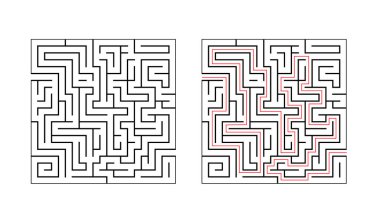 Çocuklar için kare labirent oyunu. Siyah özet oyunlu mantık eğitimi. Doğru yolu bul. Vektör illüstrasyonu.