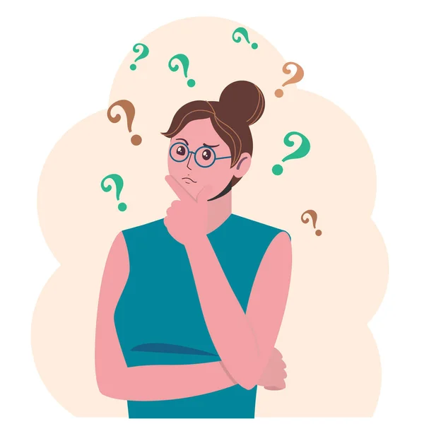 Portrait of young troubled woman. Girl with question mark in think bubble. People thinking or solving problem. Dilemma vector flat cartoon concept illustration. — Stock Vector