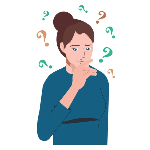 Portrait of young troubled woman. Girl with question mark in think bubble. People thinking or solving problem. Dilemma vector flat cartoon concept illustration. — Stock Vector